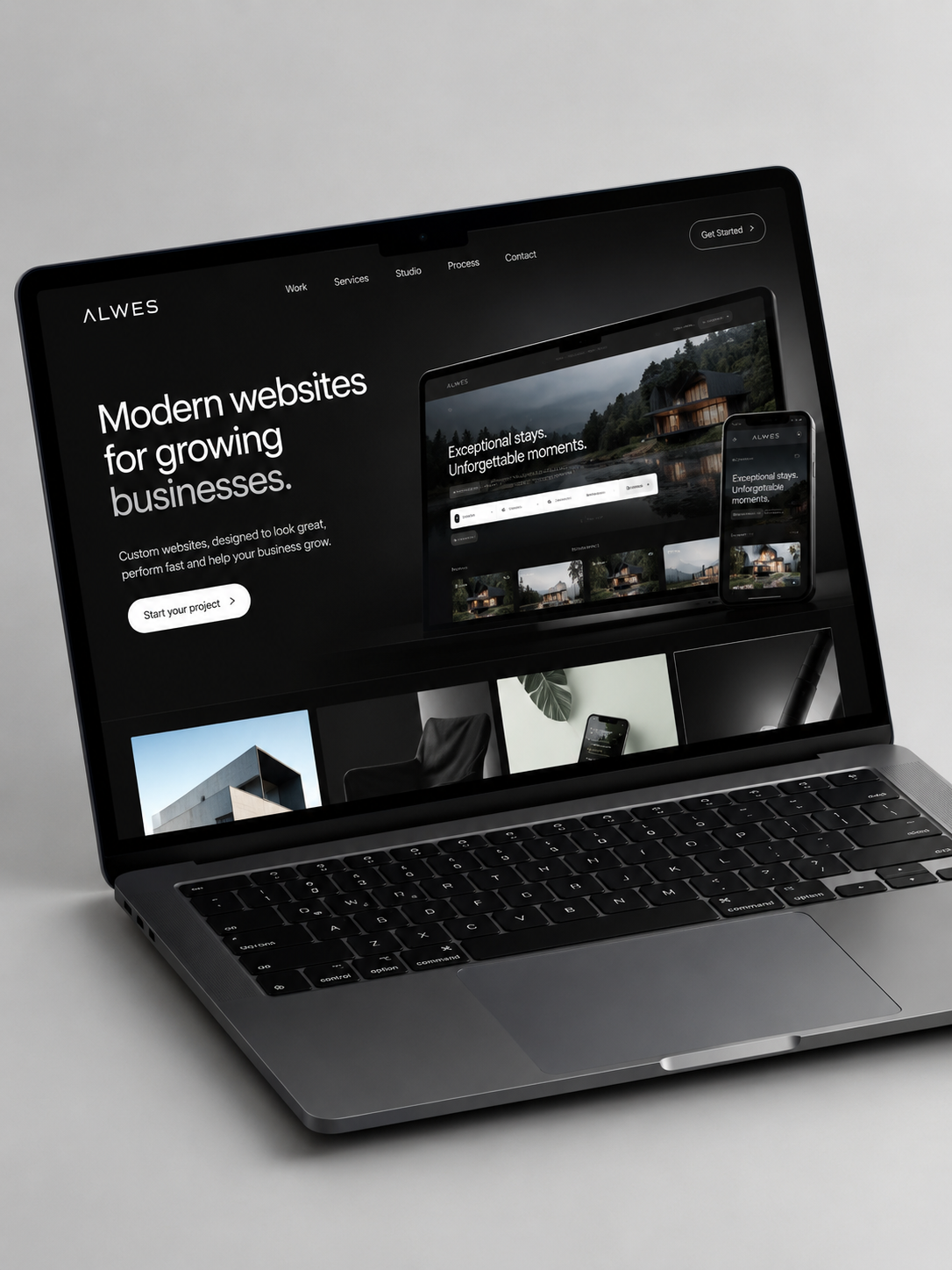 Website desenhado pela Alwes Studio apresentado em laptop